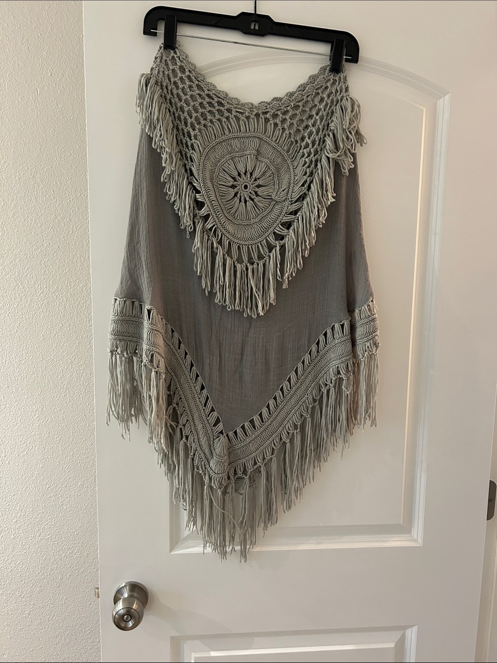Do everything in love Crochet Fringe Boho Poncho — Light Gray